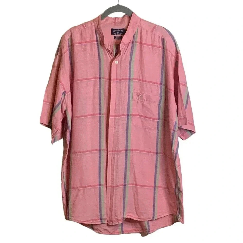 JEZEQUEL FRANCE Cotton Short Sleeve Button Up Shirt Mens Size XL Pink Plaid Golf